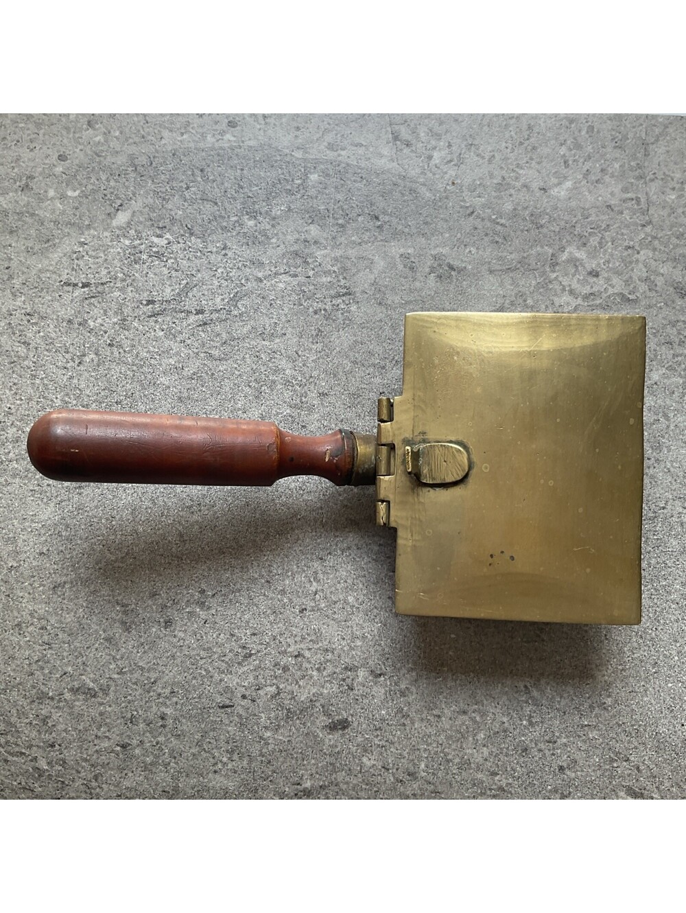 Vintage Heavy Brass Silent Butler Ashtray Hinged Lid Hand Carved Wooden Handle